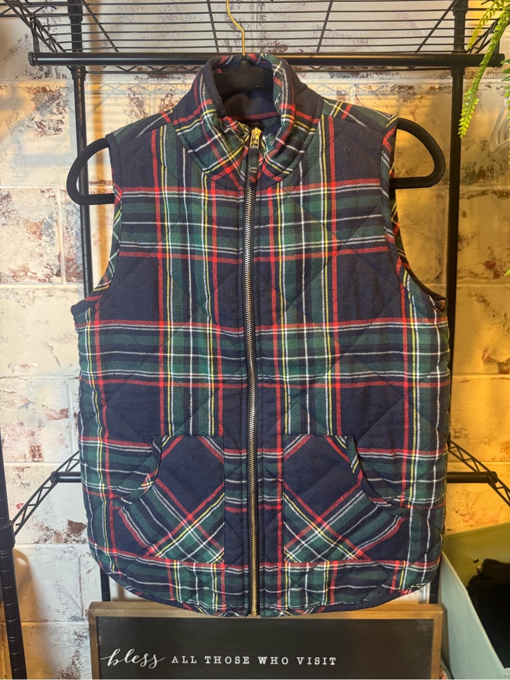 Mud Pie Navy Plaid Quilted Vest with Green & Red Accents